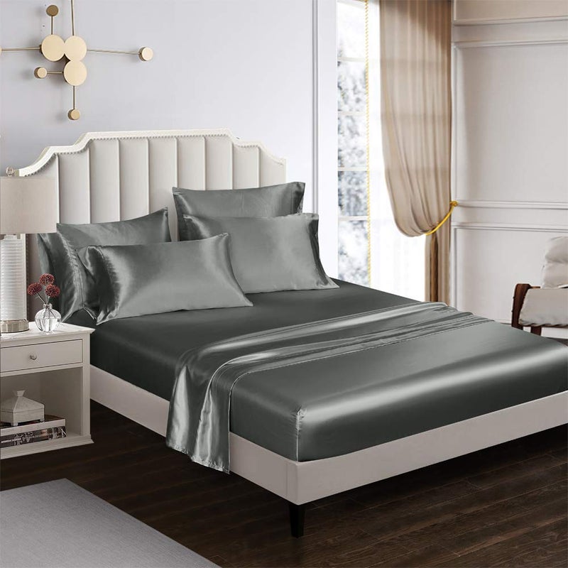 AiMay 6 Piece Satin Bedding Sheet Set Queen Grey Deep Pocket 1800 Series Luxury Rich Silk Silky Super Soft Solid Color 4 Pillowcases Reversible Sexy Honeymoon Wrinkle Free (Queen,Grey) - Image 3
